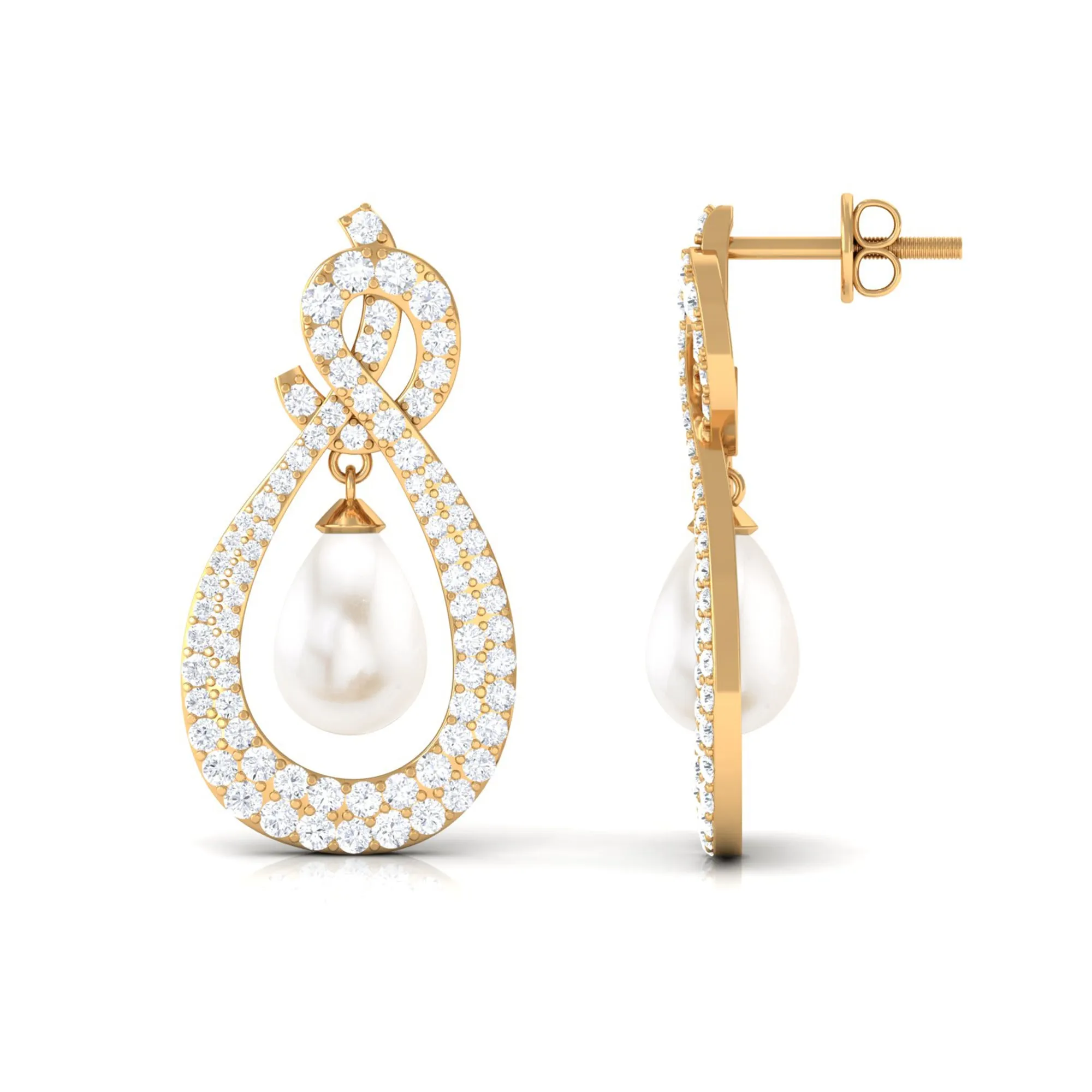 Freshwater Pearl Bridal Dangle Earrings with Moissanite Accent