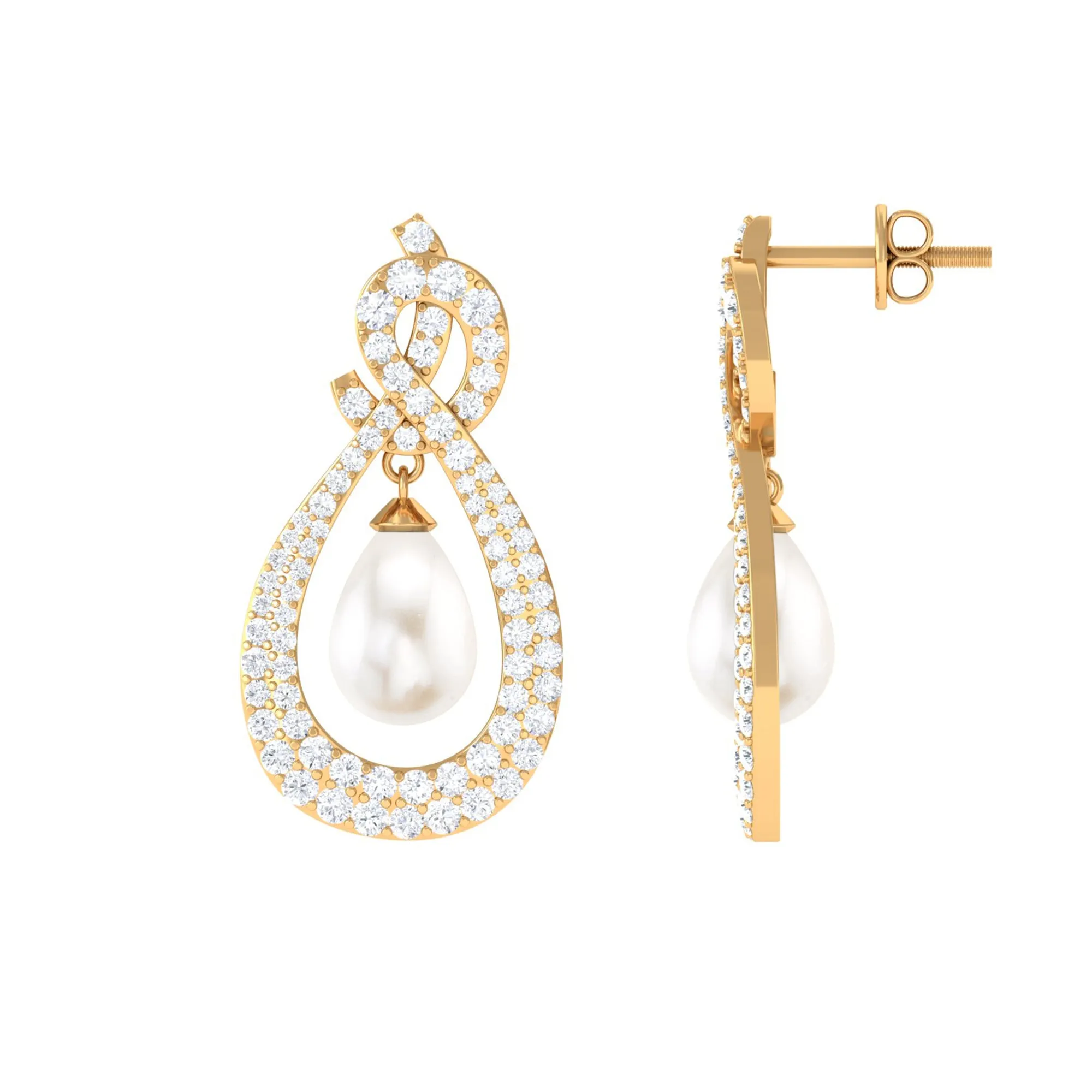 Freshwater Pearl Bridal Dangle Earrings with Moissanite Accent