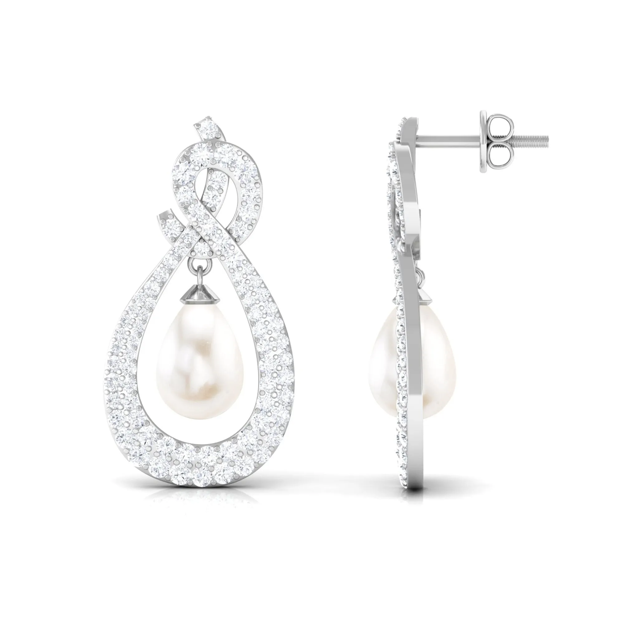 Freshwater Pearl Bridal Dangle Earrings with Moissanite Accent