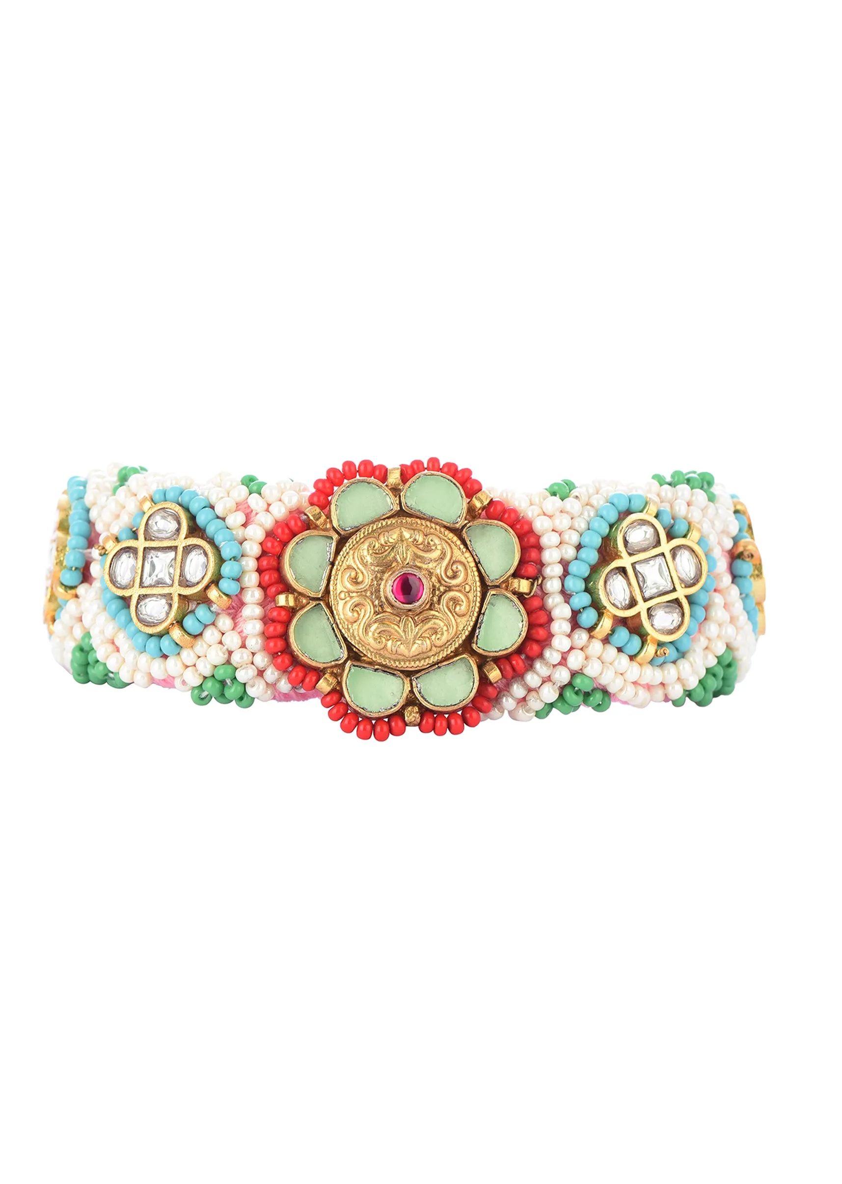 Gold Finish Kundan Bracelet With Emerald And Ruby In A Mix Metal