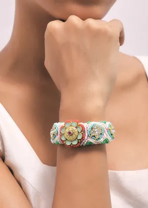 Gold Finish Kundan Bracelet With Emerald And Ruby In A Mix Metal