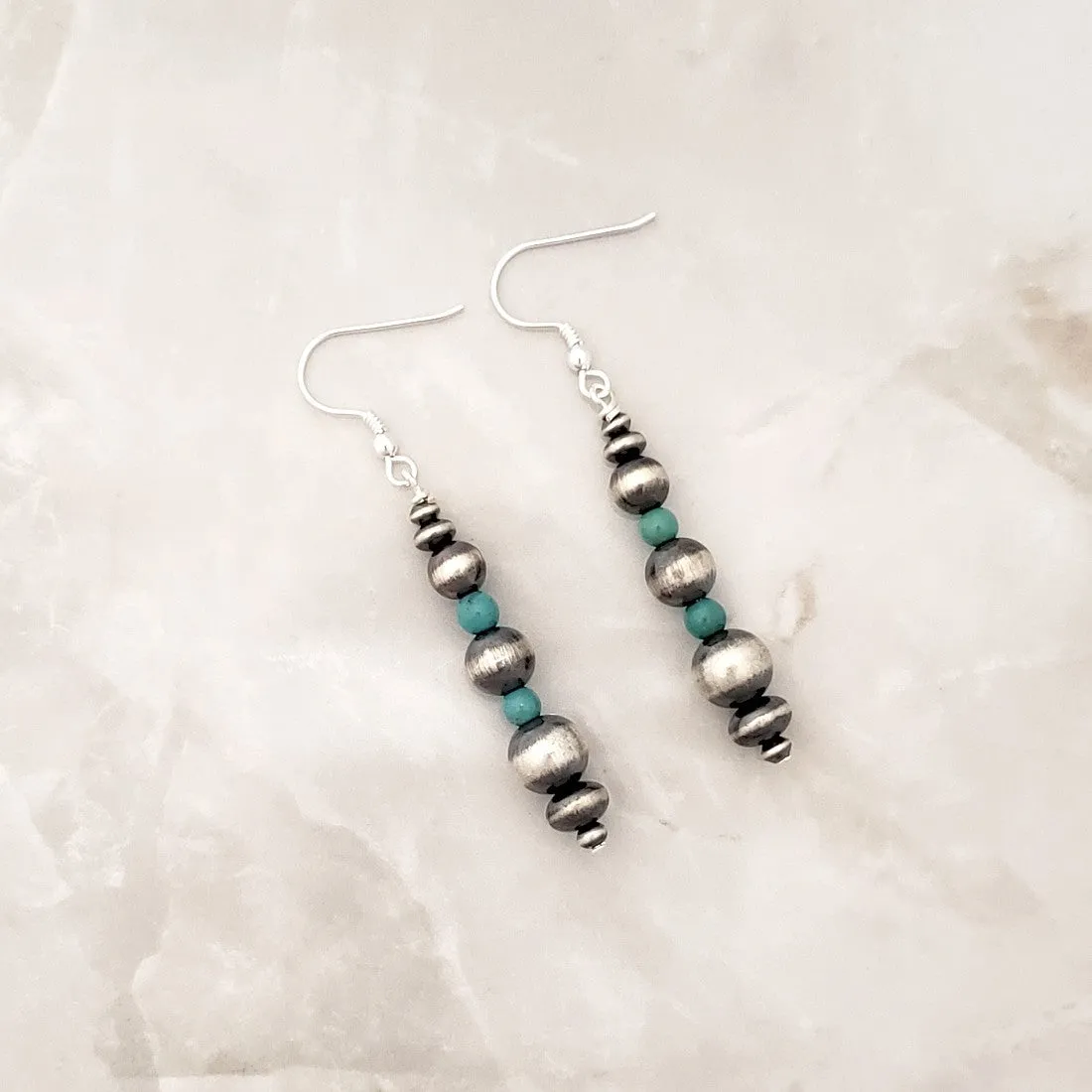 Graduated Navajo Pearls & Green Turquoise Drop Dangle Earrings Sterling Silver NPE016