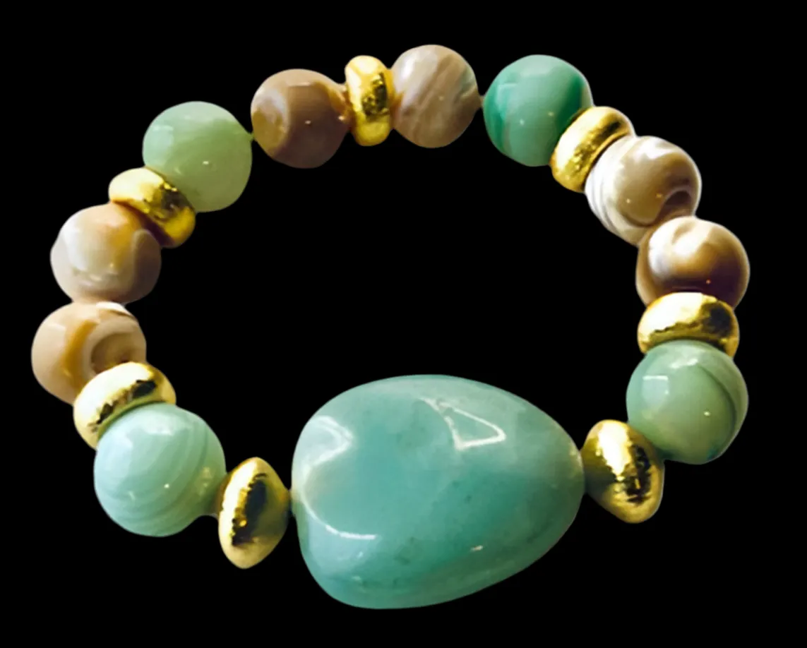 Green Aventurine Tumbled Stone & Mother of Pearl Gold Bracelet