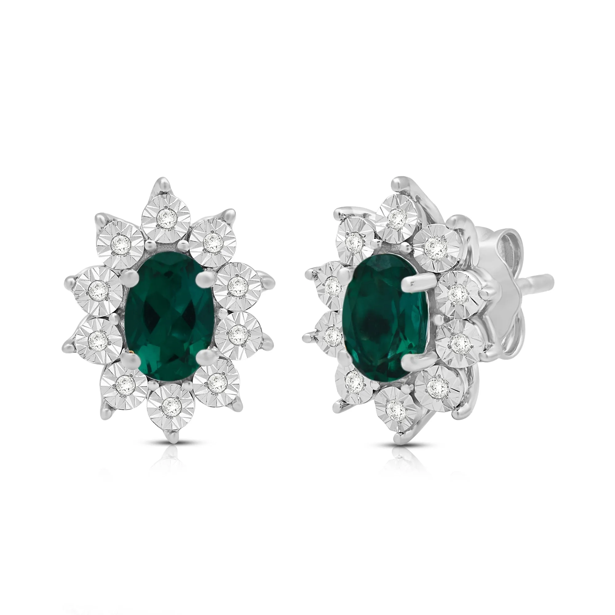 Jewelili Sterling Sliver 6x4 MM Oval Created Emerald and 1/20 Cttw Natural White Round Diamond Cluster Stud Earrings