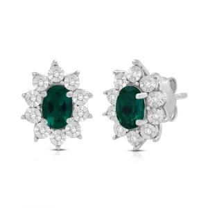Jewelili Sterling Sliver 6x4 MM Oval Created Emerald and 1/20 Cttw Natural White Round Diamond Cluster Stud Earrings