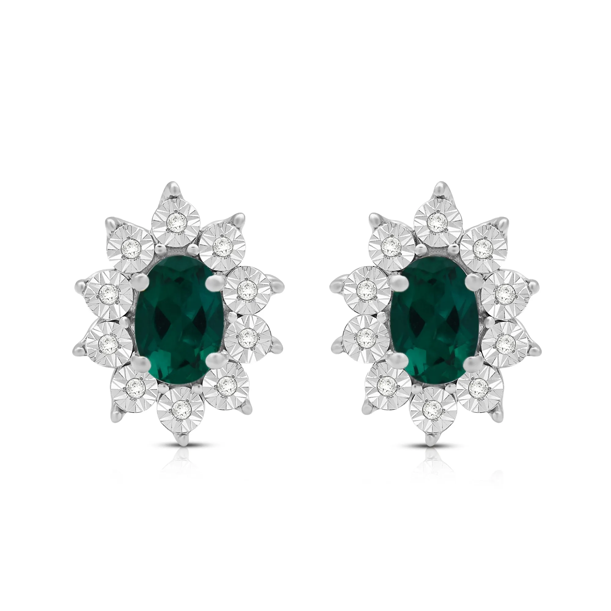 Jewelili Sterling Sliver 6x4 MM Oval Created Emerald and 1/20 Cttw Natural White Round Diamond Cluster Stud Earrings