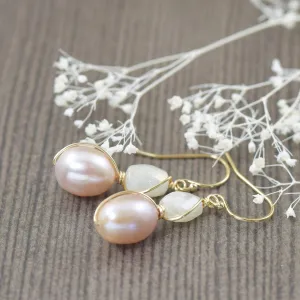 Light pink pearl earrings wire wrapped in gold filled accented by silverite gemstones