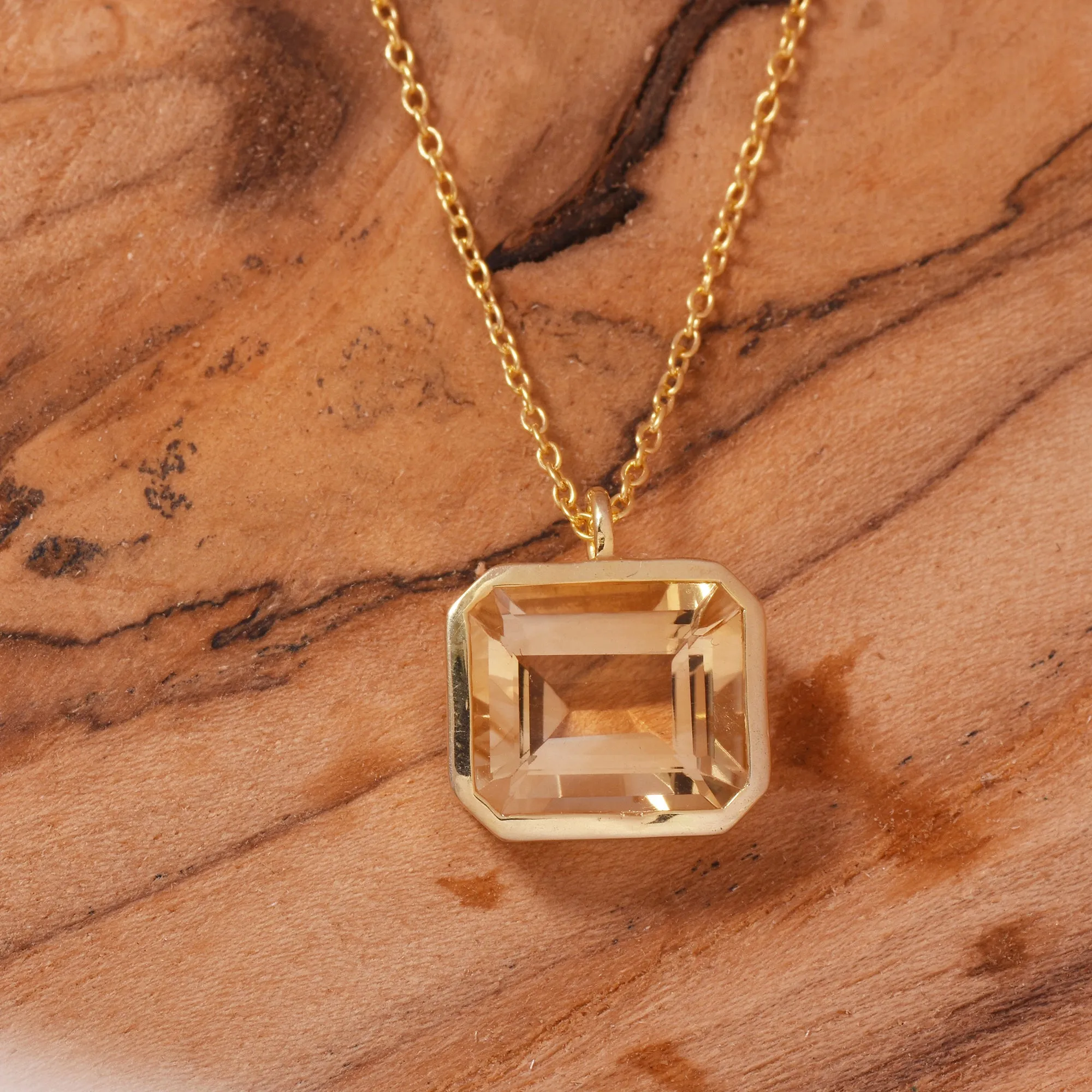 Octagon Citrine Solitaire Silver Necklace