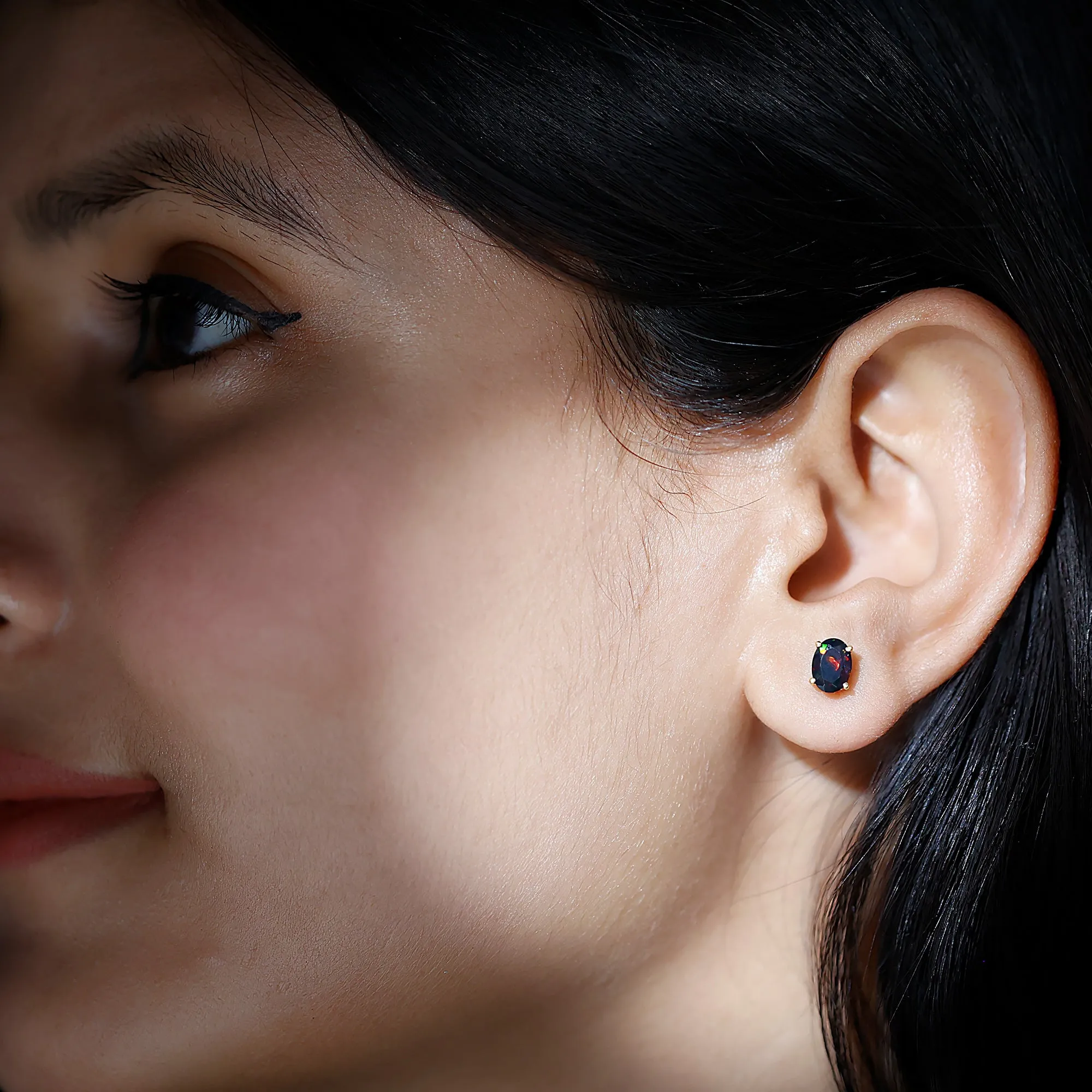 Oval Cut Black Opal Solitaire Stud Earrings in 4 Prong Setting