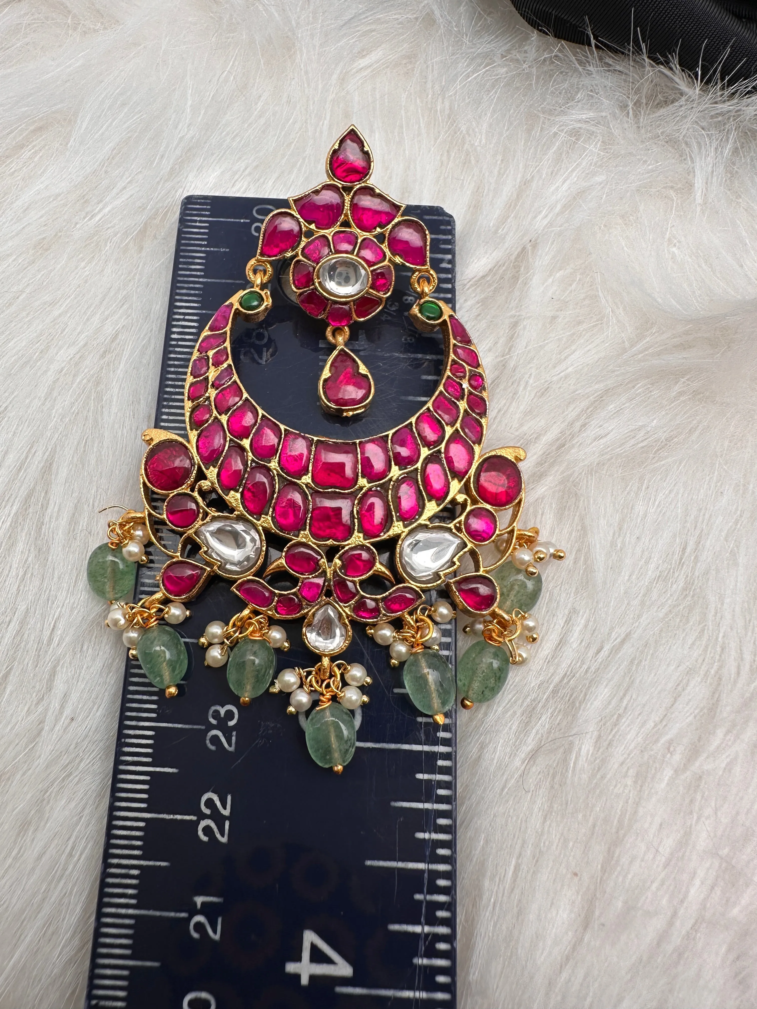 Pink Green Jadau Kundan Chandballi Earrings