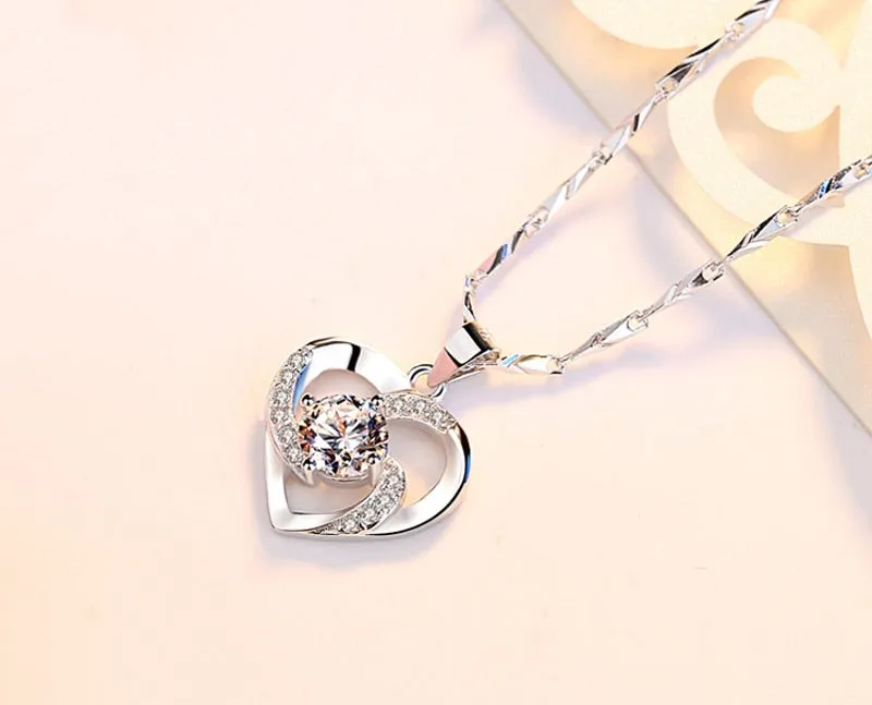 Silver 925 Necklace with Purple Zircon Gemstone Pendant With Box Chain Women Heart Shape , Wedding Necklace