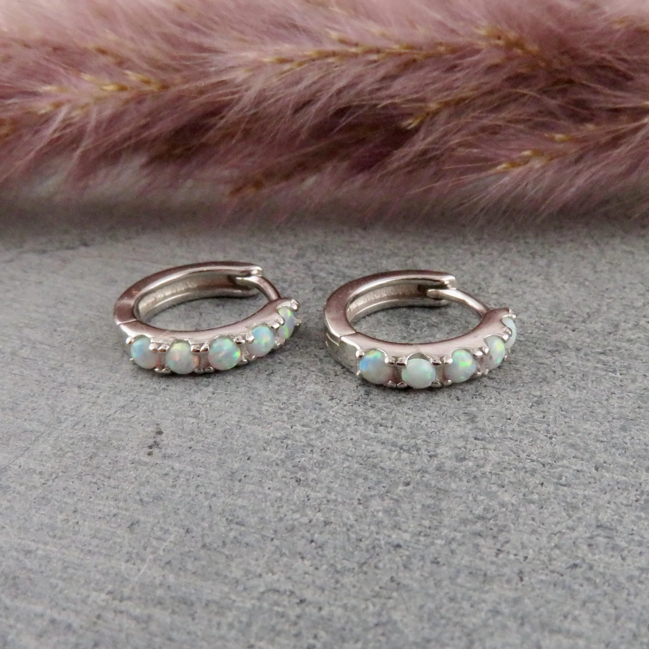 Silver Opal Hoop Earrings - White