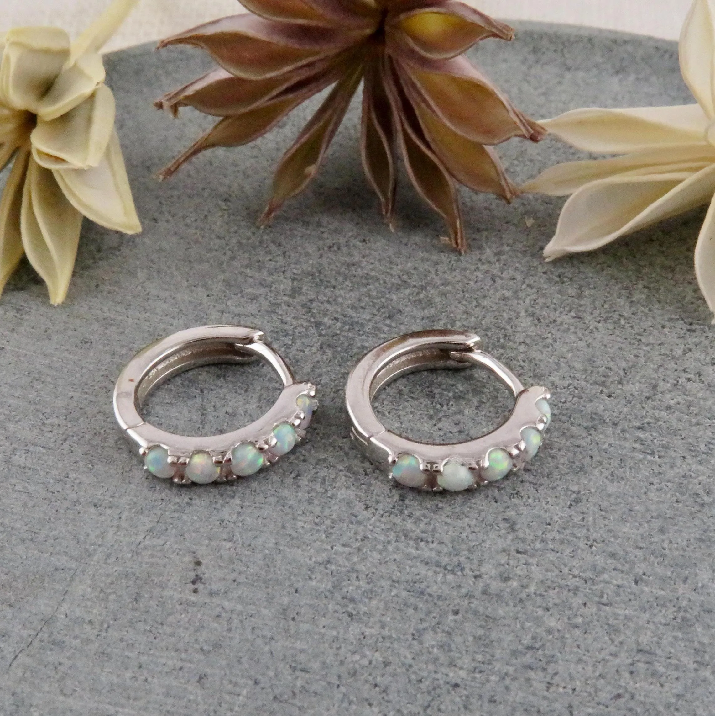 Silver Opal Hoop Earrings - White