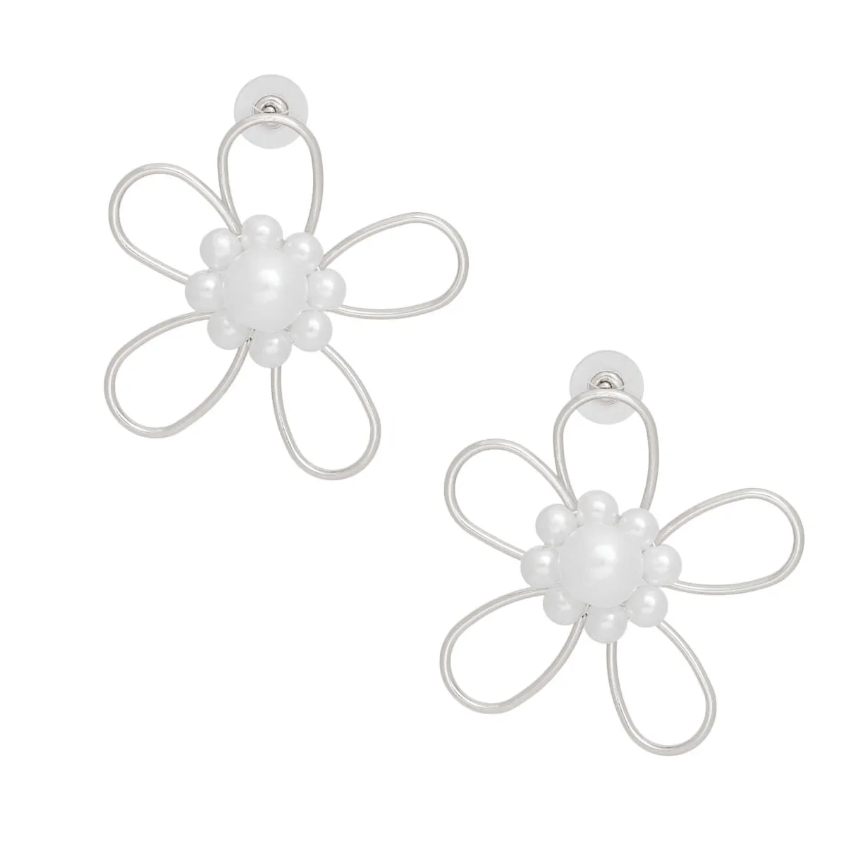Studs Handmade Silver Wire Flower Pearl Earrings