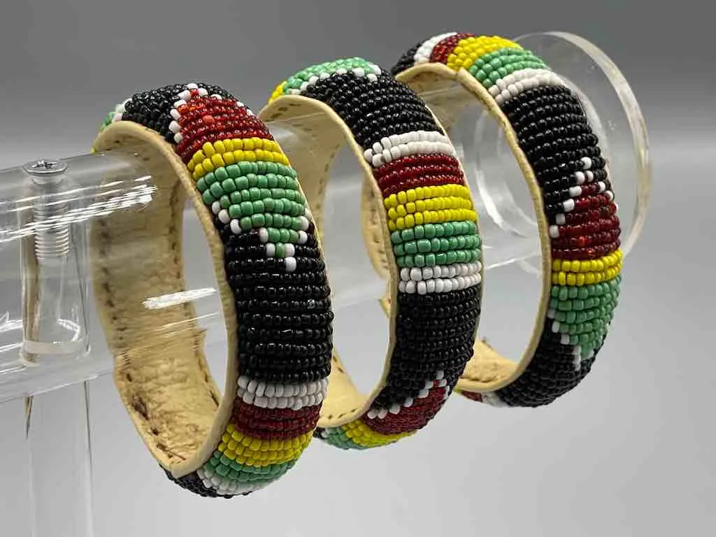Traditional Design Wide Black Beaded Leather Bracelet - Mali