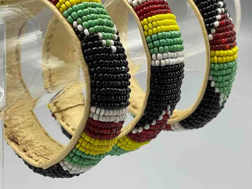 Traditional Design Wide Black Beaded Leather Bracelet - Mali