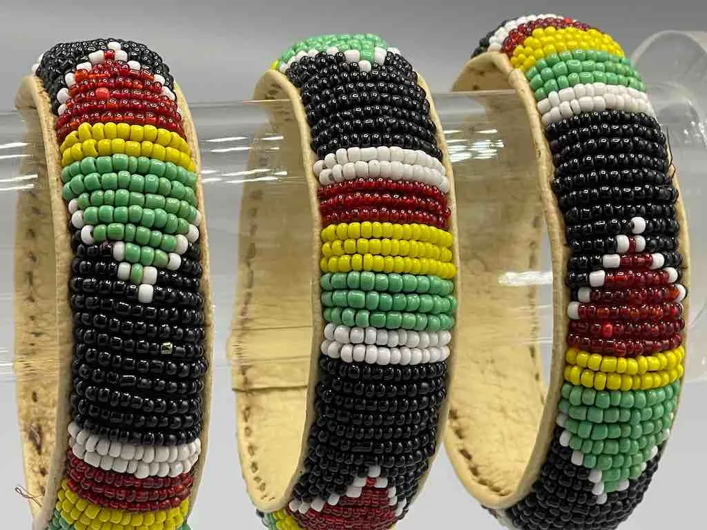 Traditional Design Wide Black Beaded Leather Bracelet - Mali
