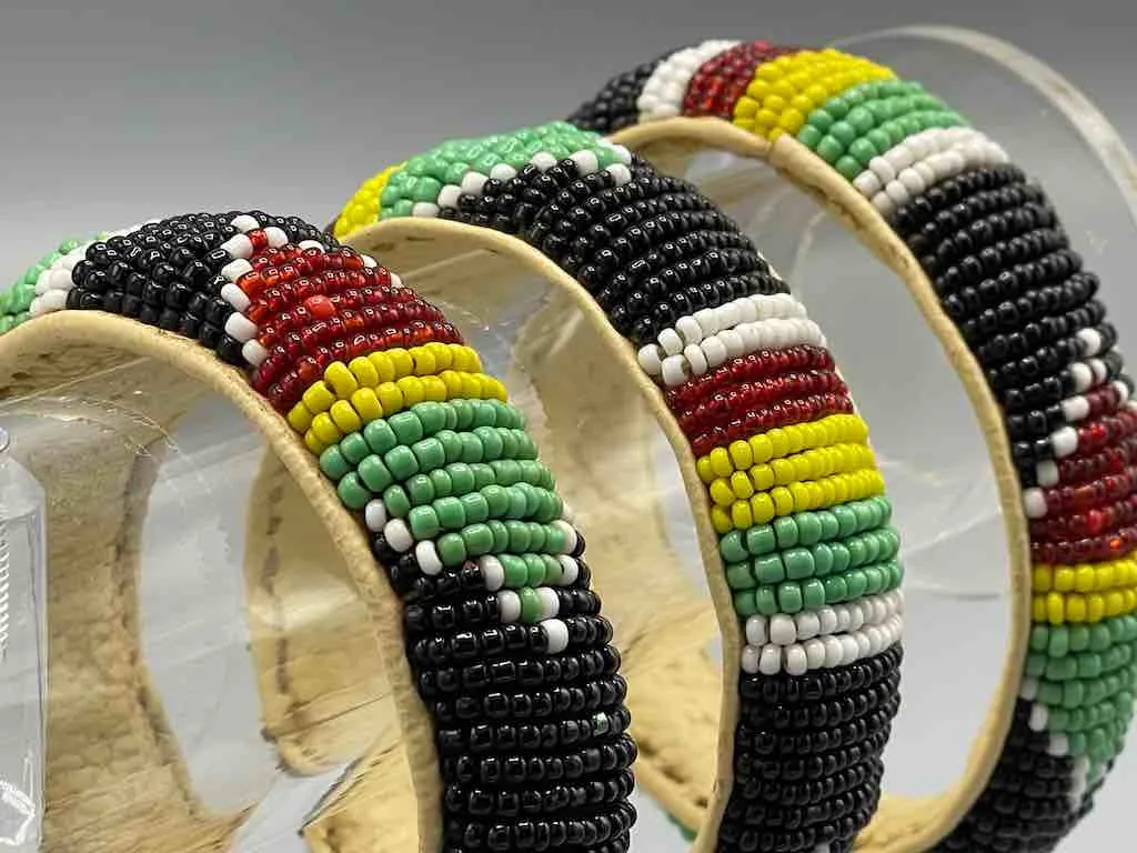Traditional Design Wide Black Beaded Leather Bracelet - Mali