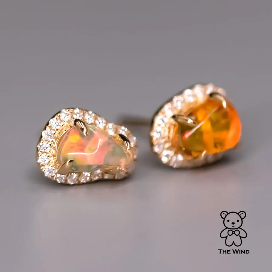Two Tone Fire Opal Halo Diamond Stud Earrings 18k Yellow Gold