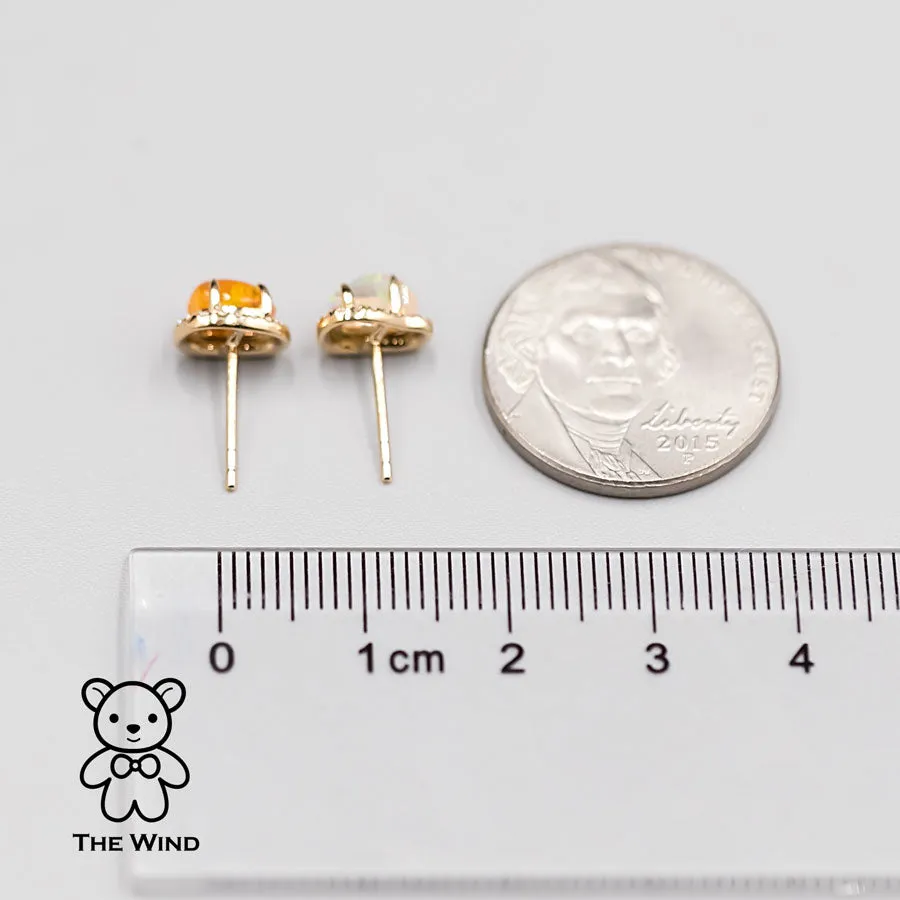 Two Tone Fire Opal Halo Diamond Stud Earrings 18k Yellow Gold