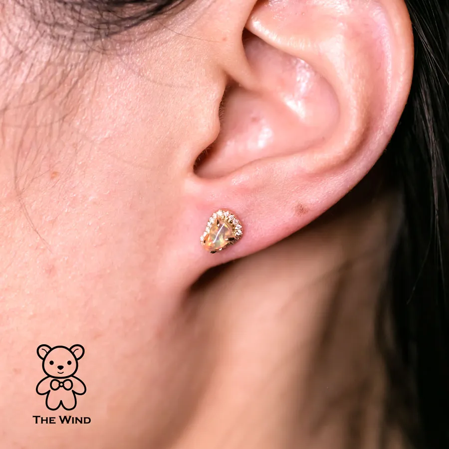 Two Tone Fire Opal Halo Diamond Stud Earrings 18k Yellow Gold