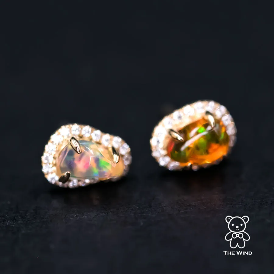 Two Tone Fire Opal Halo Diamond Stud Earrings 18k Yellow Gold
