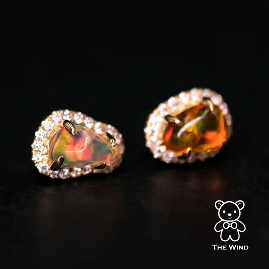 Two Tone Fire Opal Halo Diamond Stud Earrings 18k Yellow Gold