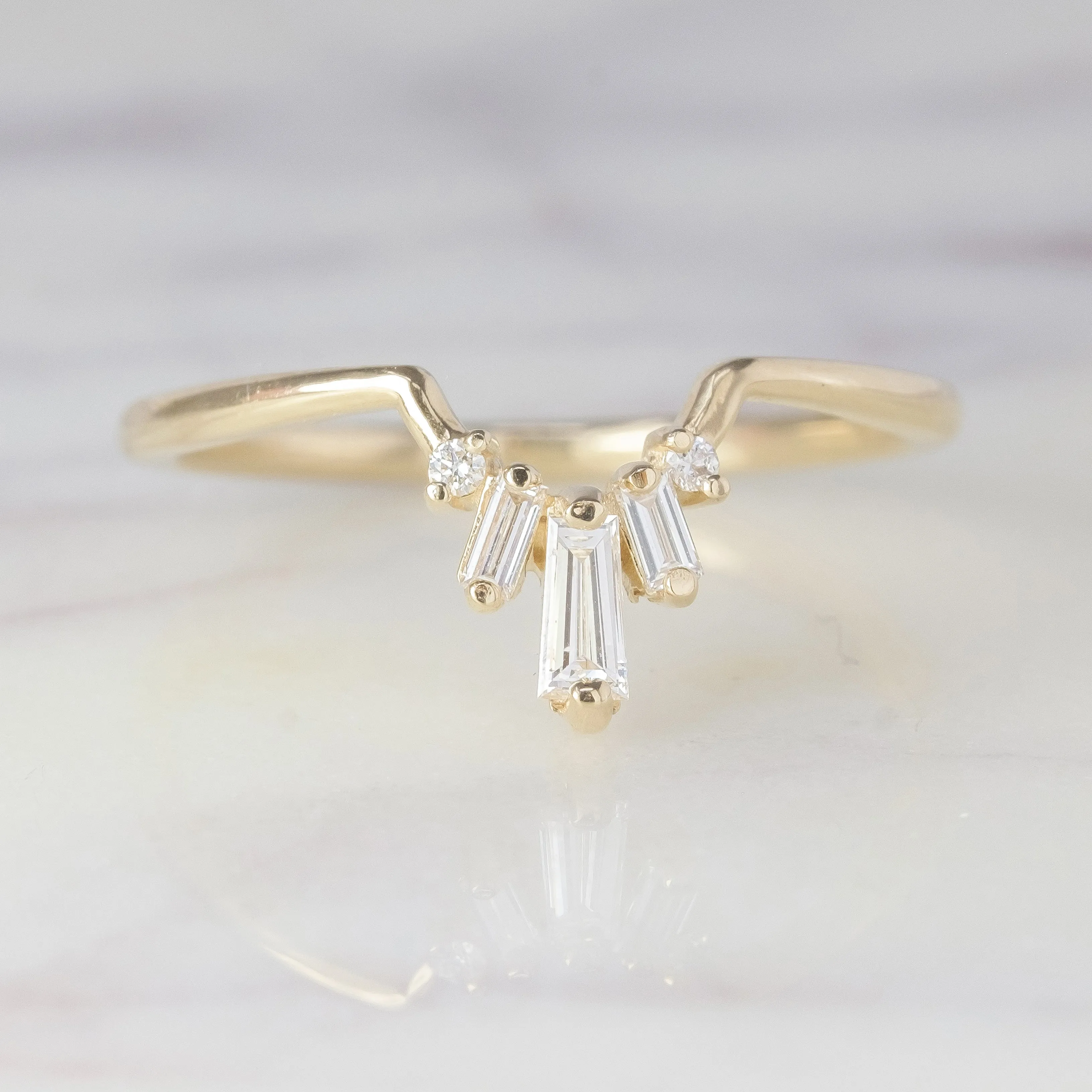 White Baguette Diamond Wedding Band, Dawn Setting, 14K Yellow Gold