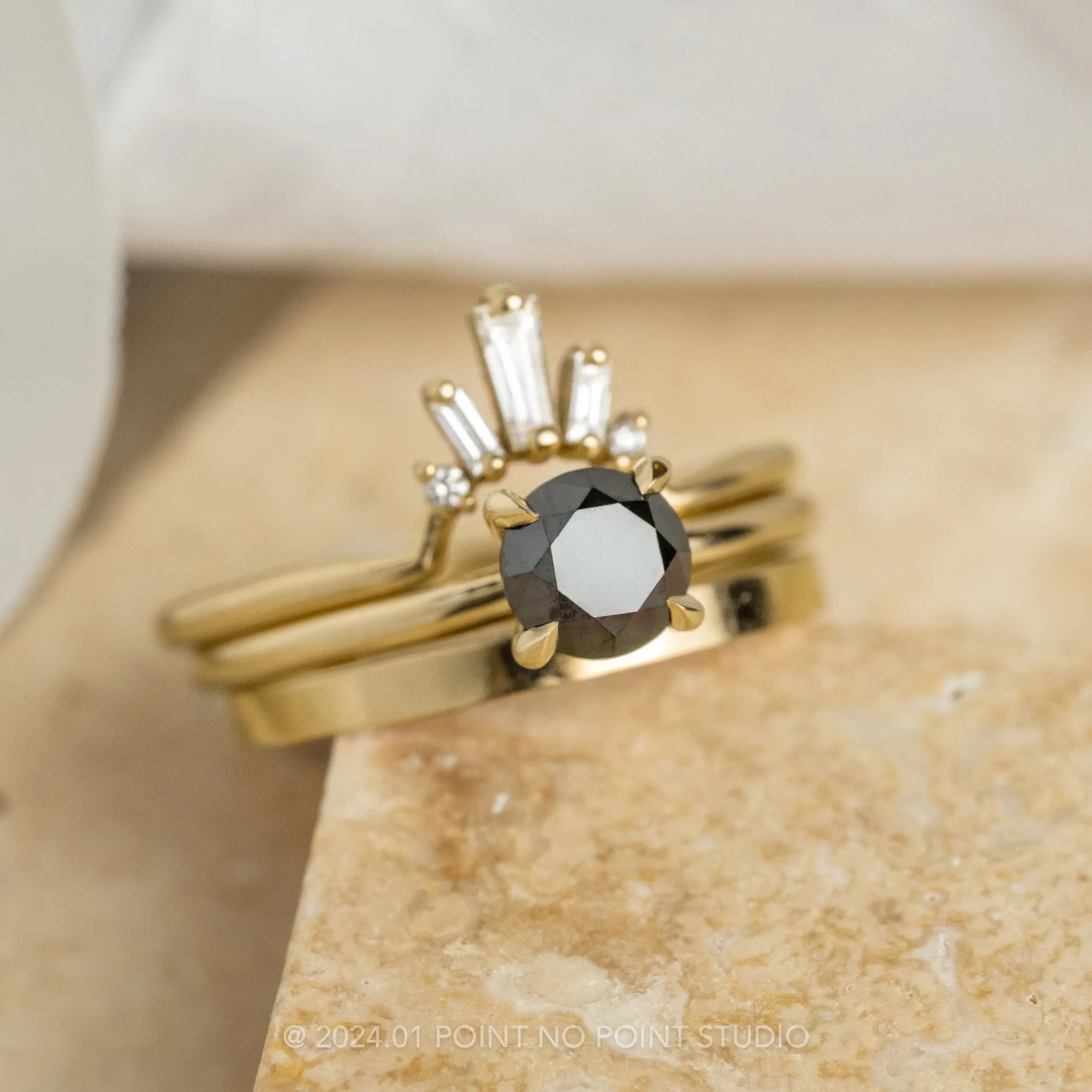 White Baguette Diamond Wedding Band, Dawn Setting, 14K Yellow Gold