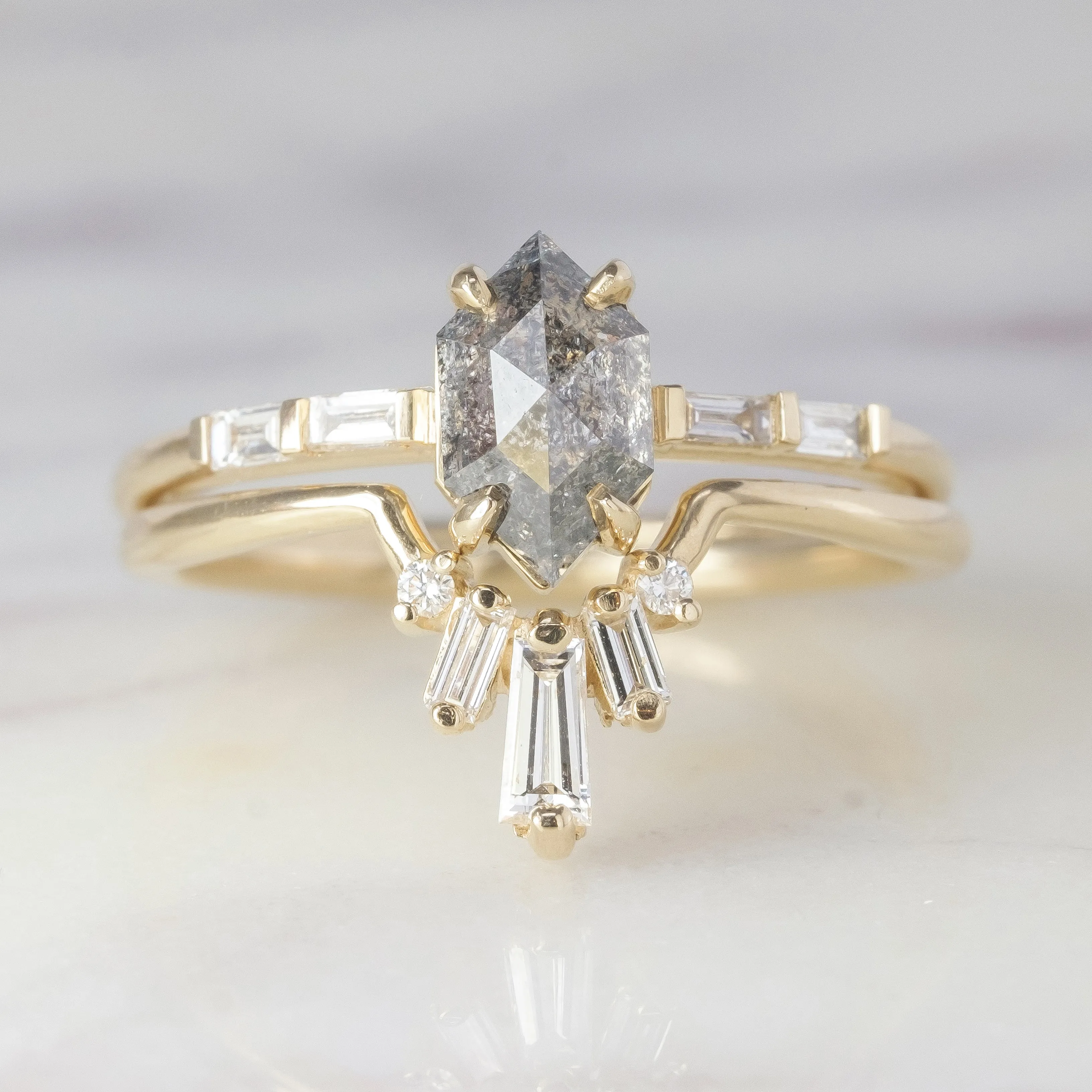 White Baguette Diamond Wedding Band, Dawn Setting, 14K Yellow Gold
